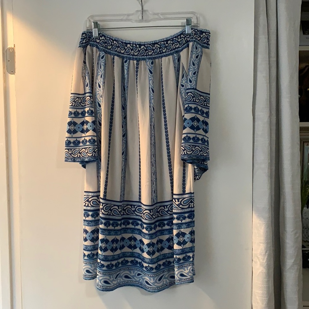 White and blue off the shoulder dress